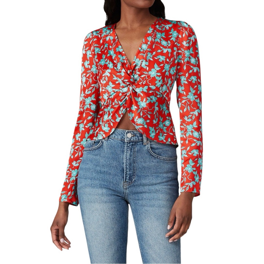 New Love, Whit by Whitney Port Red Floral Crop Top Satin Long Sleeve